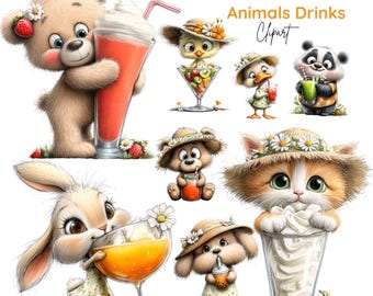 Paquete de imágenes prediseñadas de animales bebiendo, bebidas de verano, batido de animales kawaii, animales con té de burbujas (41 imágenes PNG)