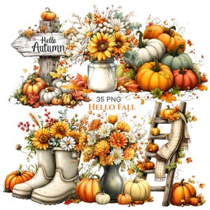 35 imágenes PNG de "Hola Otoño", Calabaza otoñal caprichosa, Cosecha de granja de Acción de Gracias, Sublimación de huerto de calabazas