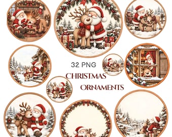 May include: A collection of circular Christmas ornaments featuring illustrations of Santa Claus and reindeer in snowy settings. The set includes various scenes with presents, fireplaces, and winter landscapes, with the text 32 PNG CHRISTMAS ORNAMENTS.