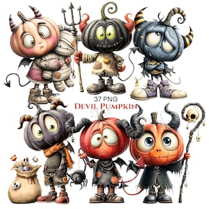 Puede incluir: Una colección de seis personajes de calabaza diablo con ojos grandes, cuernos y alas, con accesorios como un tridente, un bastón con calavera y una bolsa de dulces. El texto 37 PNG DEVIL PUMPKIN está centrado en el medio de la imagen.