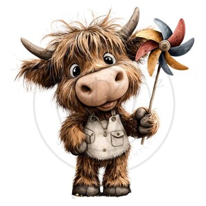 May include: A whimsical illustration of a Highland cow calf with brown fur, wearing a white overall. The calf holds a colorful pinwheel with red, yellow, and blue blades. The calf has large, expressive eyes and a friendly expression.