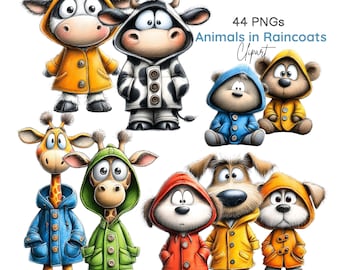 Imágenes prediseñadas de animales con impermeables, impermeables para bebés animales, animales de guardería, abrigos impermeables (44 imágenes PNG)