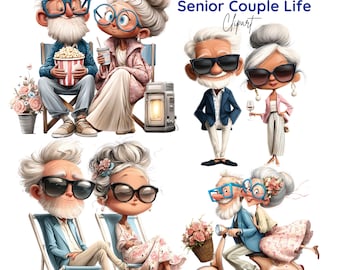 Vida de pareja de ancianos caprichosa, amor en la tercera edad, jubilación romántica y divertida entre abuelo y abuela (32 PNG)