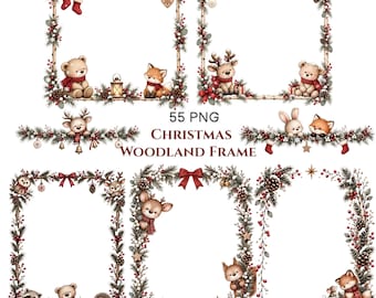 May include: A collection of 55 digital PNG files featuring Christmas woodland frames decorated with pine branches, red berries, pinecones, and illustrations of animals including bears, foxes, deer, rabbits, and hedgehogs wearing scarves.