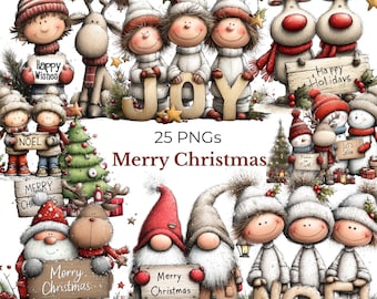 Whimsical Merry Christmas Clipart: Holiday Characters, Tree & Gifts (Digital Download - 25 PNGs )