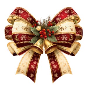 Puede incluir: Un lazo navideño festivo con un diseño de cinta roja y crema. El lazo presenta detalles dorados, copos de nieve y una disposición central de acebo, bayas y campanas doradas. Un acento decorativo navideño.