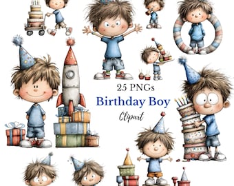 Nyckfull födelsedagspojke Clipart - Söt födelsedagspojke, festpojke, tårta, ballonger, barnrumskonst (digitala nedladdningar - 25 PNG-bilder)