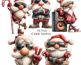 May include: A collection of 35 PNG digital illustrations featuring Santa Claus characters wearing sunglasses. The figures are depicted in various poses, including holding a candy cane, leaning on a speaker, making a peace sign, and sitting in a chair.
