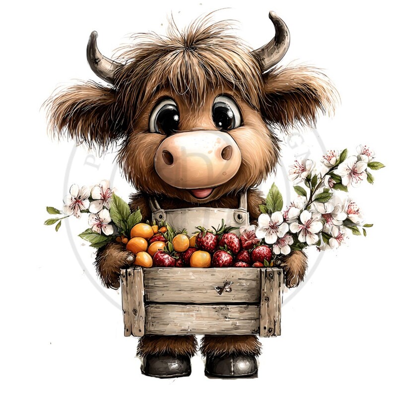 May include: A whimsical illustration of a Highland cow holding a wooden crate filled with strawberries and oranges. The cow wears a white apron and is surrounded by white flowers. The cow has brown fur and large, expressive eyes.