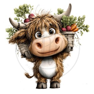 May include: A cartoon illustration of a Highland cow carrying a basket filled with vegetables. The cow has brown fur, large eyes, and a friendly smile. The basket contains carrots, radishes, and leafy greens. The image has a watercolor style.