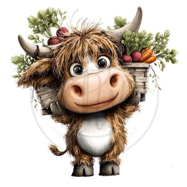 May include: A cartoon illustration of a Highland cow carrying a basket filled with vegetables. The cow has brown fur, large eyes, and a friendly smile. The basket contains carrots, radishes, and leafy greens. The image has a watercolor style.