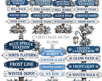 30 PNG Frosted Christmas SignPosts Clipart, Winter Snowy Signs, Blue Christmas Sign, Commercial Use
