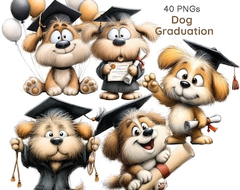 Imágenes prediseñadas PNG de graduación de perros, acuarela de cachorro graduado caprichoso, gráficos de perros con toga y birrete (40 PNG)