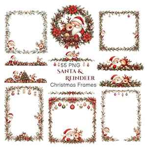 May include: A collection of 55 PNG digital Christmas frames featuring Santa Claus and reindeer illustrations. The designs include wreaths, rectangular borders, and horizontal dividers decorated with pine branches, red poinsettias, pinecones, and ornaments.