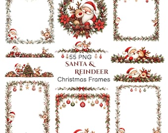 May include: A collection of 55 PNG digital Christmas frames featuring Santa Claus and reindeer illustrations. The designs include wreaths, rectangular borders, and horizontal dividers decorated with pine branches, red poinsettias, pinecones, and ornaments.