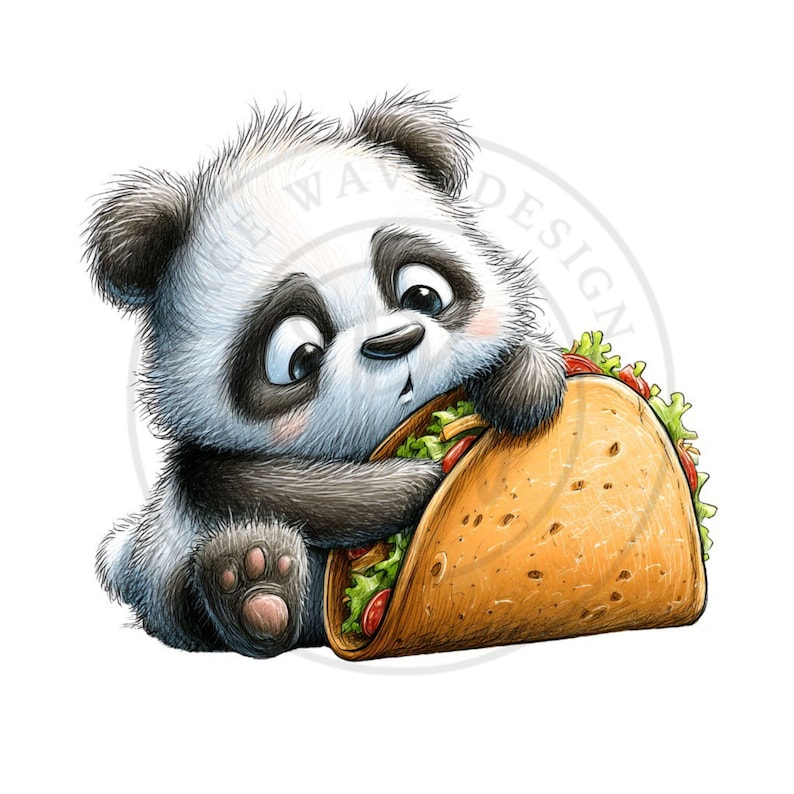 May include: A cute cartoon panda with black and white fur, holding a large taco filled with lettuce, tomatoes, and other fillings. The panda has big, expressive eyes and a surprised expression. The taco is in a golden-brown tortilla.