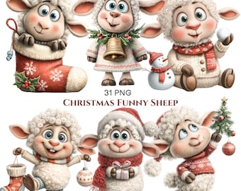 May include: A collection of six cartoon sheep illustrations featuring Christmas themes, including sheep in stockings, wearing scarves, holding ornaments, and standing with a snowman and a small tree. The text 31 PNG CHRISTMAS FUNNY SHEEP is centered.