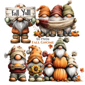 Può includere: Una collezione di illustrazioni di gnomi a tema autunnale, inclusi gnomi che reggono un cartello con la scritta Fall YaLLL, gnomi con zucche, un girasole e una torta. Il testo 50 PNGs FALL GNOME è centrato tra i vari personaggi gnomo.