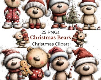 Puede incluir: Una colección de imágenes prediseñadas de osos navideños. Los osos se representan en varias poses, vistiendo atuendos festivos como gorros de Papá Noel, bufandas y pijamas. La imagen incluye el texto "25 PNGs Christmas Bears Christmas Clipart."