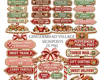 25 Gingerbread Village Signposts Clipart, Gingerbreads Signs Christmas Candy Village Sign, Commercial Use