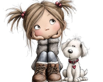 Clipart de niña y perro: Gráficos de niña con cachorro (Descargas digitales - 25 PNG)