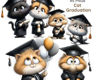 Imágenes prediseñadas PNG de graduación de gatos: Ilustración de gatito graduado con toga y birrete en acuarela (45 imágenes PNG)