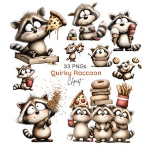 Op de afbeelding: Een verzameling grillige wasbeer clipart afbeeldingen. De wasberen worden afgebeeld met pizza, ijs en donuts. De tekst "33 PNGs Quirky Raccoon Clipart" is ook zichtbaar.