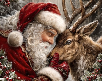 May include: Santa Claus with a long white beard and a red velvet hat with white fur trim, wearing red gloves, gently touching the nose of a brown reindeer with large antlers, surrounded by green pine branches and red holly berries in snow.