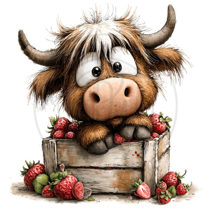 May include: A cartoon illustration of a Highland cow peeking over a wooden crate filled with ripe strawberries. The cow has brown fur, large eyes, and curved horns. The strawberries are red with green leaves.