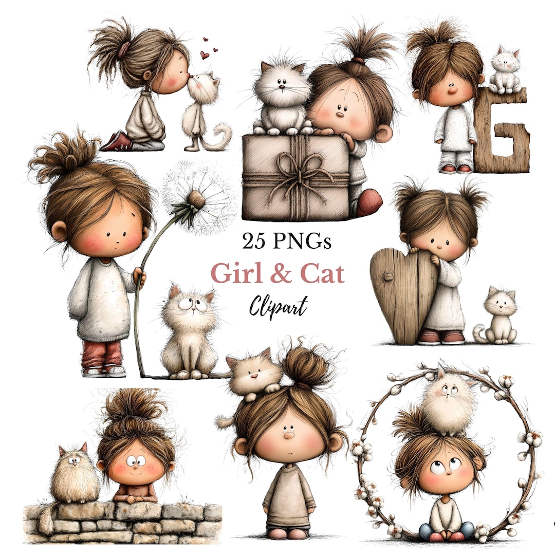 Whimsical Cat and Cat Clipart - Cute Girl With Kitten Graphics (digital ...
