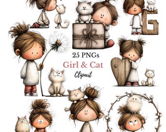 Whimsical Cat and Cat Clipart -   Cute Girl with Kitten Graphics (Digital Downloads - 25 PNGs)