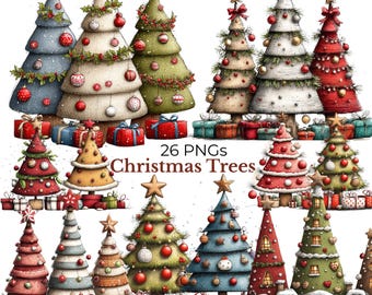 May include: A collection of 26 PNG Christmas trees in various colors and styles. The trees are decorated with ornaments, stars, and bows. Some trees have presents at their base. The text "26 PNGs Christmas Trees" is also visible.