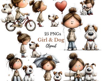 Clipart de niña y perro: Gráficos de niña con cachorro (Descargas digitales - 25 PNG)