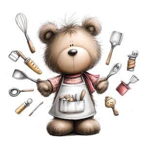 May include: A brown teddy bear wearing a white apron and red scarf, surrounded by various kitchen utensils. The bear has a black nose and is holding a spoon and spatula. The utensils include a whisk, spatula, and rolling pin.
