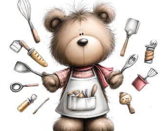Whimsical Teddy Bear Kitchen Helper Clipart | Cooking Utensils, Mixing Bowls (Digital Downloads - 25 PNGs)