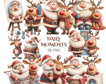 38 PNG Whimsical Santa and Reindeer Clipart, Funny Christmas Everyday Moments, Commercial Use