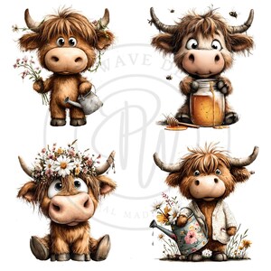 May include: Four cartoon illustrations of Highland cows. One cow holds flowers and a watering can, another wears a flower crown, a third holds a jar of honey, and the last one holds flowers and a watering can. The cows have brown fur and large eyes.