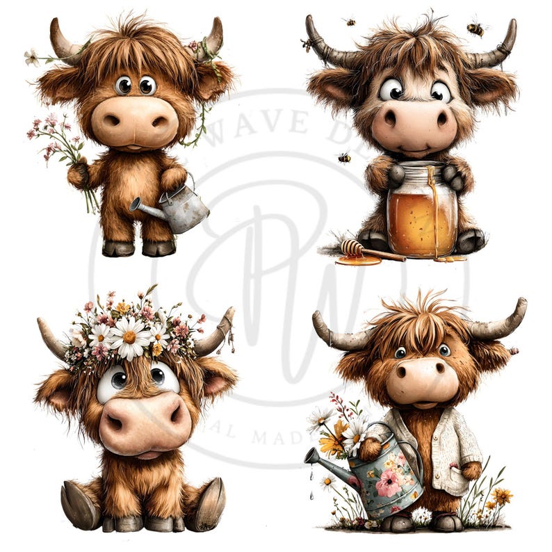 May include: Four cartoon illustrations of Highland cows. One cow holds flowers and a watering can, another wears a flower crown, a third holds a jar of honey, and the last one holds flowers and a watering can. The cows have brown fur and large eyes.