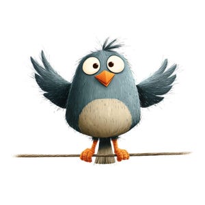 May include: A cartoon illustration of a blue bird with large eyes, an orange beak, and orange feet. The bird is perched on a brown line with its wings spread. The bird has a light beige belly and a spiky head.