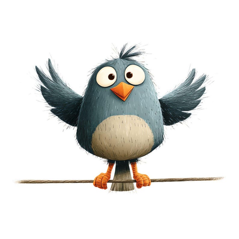 May include: A cartoon illustration of a blue bird with large eyes, an orange beak, and orange feet. The bird is perched on a brown line with its wings spread. The bird has a light beige belly and a spiky head.