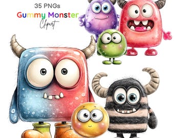 Paquete de imágenes prediseñadas de monstruos de gomitas: personajes divertidos con estilo de caramelo (35 PNG descargas digitales)