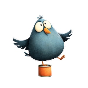 May include: A cartoon illustration of a blue bird with large eyes and an orange beak. The bird is standing on a small orange can, with its wings spread out. The background is white.