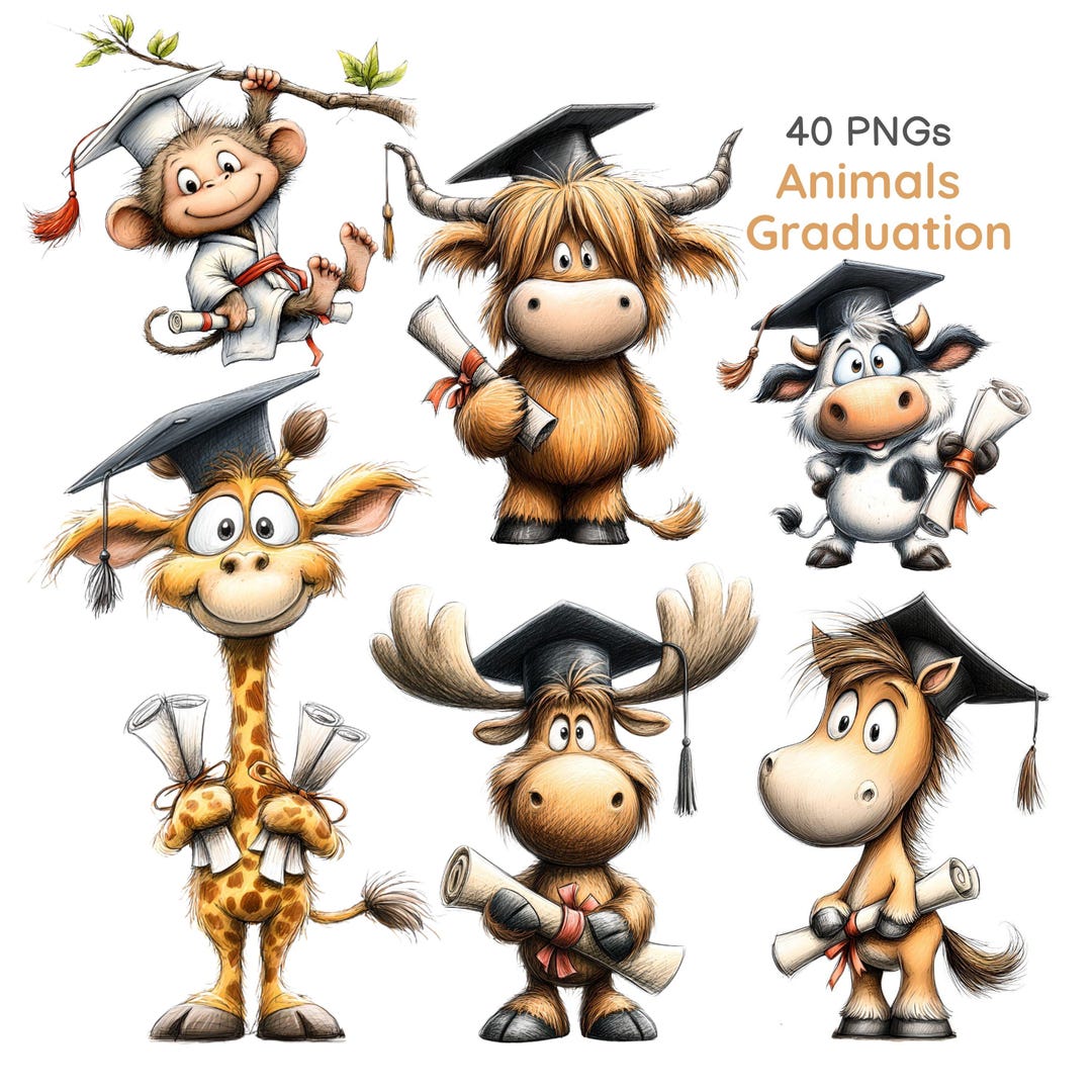 Graduation Animals Clipart PNG Bundle, Cartoon Animals in Cap & Diploma ...