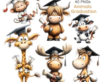 Paquete de imágenes prediseñadas PNG de animales de graduación, animales de dibujos animados con birrete y diploma (40 imágenes PNG)