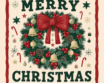 May include: A square decorative print featuring a green pine wreath with a large red bow, red berries, pinecones, and gold bells. The text MERRY CHRISTMAS is printed in dark green block letters, surrounded by candy canes, stars, and snowflakes.