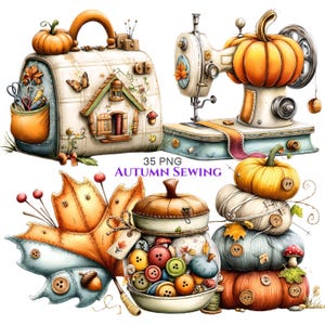 35 PNG Whimsical Autumn Sewing Clipart, Fall Pumpkin Thread Spool, Fabric Button Wreath Craft