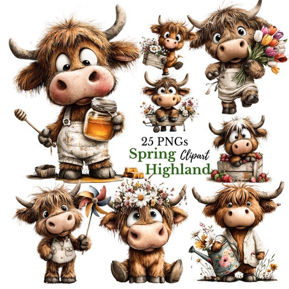 Spring Highland Cow Clipart Bundle, Funny Honey Berry Farmhouse PNG (Digital Downloads - 25 PNG)