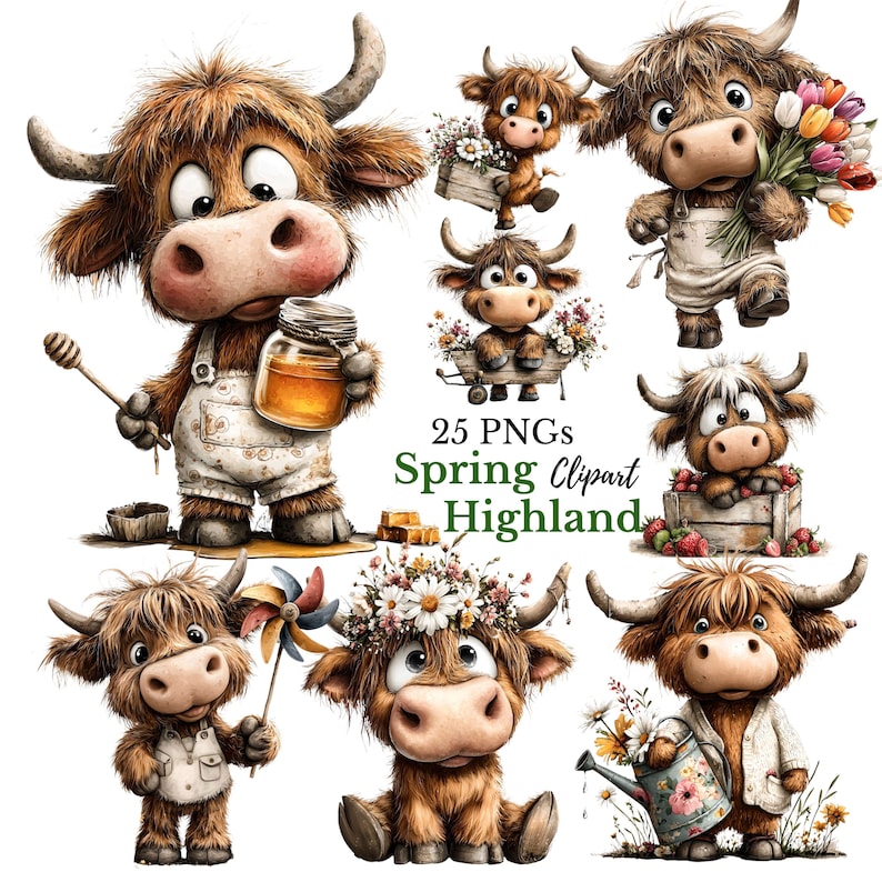 May include: A collection of cartoon Highland cows in various poses. Some cows hold flowers, honey, and a pinwheel. The image includes the text "25 PNGs Spring Clipart Highland."
