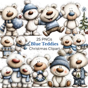 Whimsical Christmas Blue Teddies Clipart - Teddy Bear, Gifts, Ornaments, Trees, Candy Cane Illustration (Digital Download - 25 PNGs )