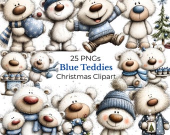 Imágenes prediseñadas navideñas de ositos de peluche azules: ositos de peluche, regalos, adornos, árboles, ilustración de bastones de caramelo (descarga digital - 25 PNG)